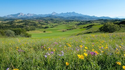 Obraz premium Yellow and purple wildflowers bloom in a lush green meadow with rolling hills and distant mountains under a clear blue sky.