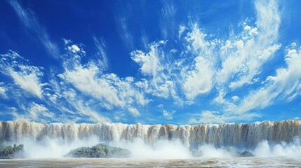 Fototapeta premium Majestic waterfall cascading under a vibrant blue sky with wispy clouds; ideal for travel brochures