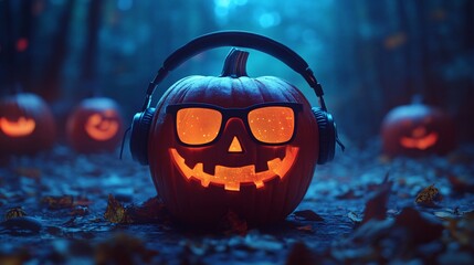 Halloween pumpkin listening music wearing sunglasses in a spooky forest
