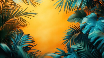 Vibrant tropical background featuring abstract palm leaves and a soft yellow gradient space for text or product placement