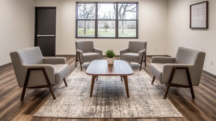 Fototapeta premium A modern, inviting seating area featuring four chairs surrounding a central table, with natural light streaming through large windows.