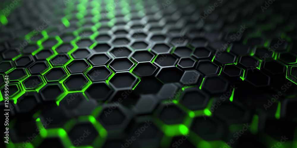 Aufkleber honeycomb pattern features hexagons in shades of black and vibrant green led lights , creating a visually engaging texture. modern digital computer gaming background