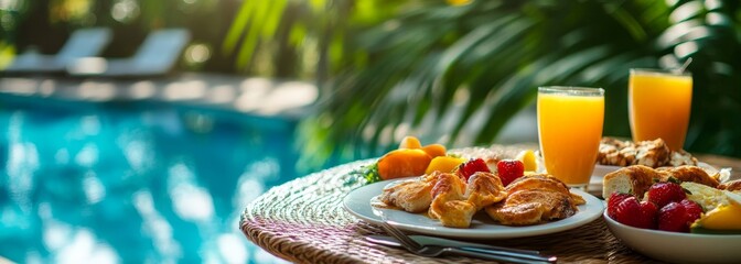 Breakfast on resort on swimming pool on composition background