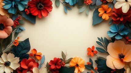 Vibrant abstract floral design featuring red, orange, and teal hues with a light beige center for promotional messaging