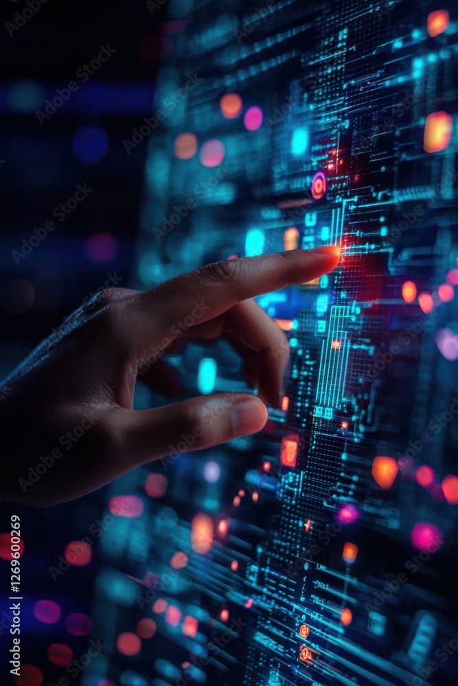 Poster a hand touches a vibrant digital interface, displaying colorful circuits and data points, symbolizin