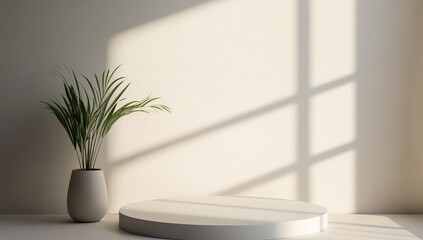 Minimalist product display with plant, sunlit room