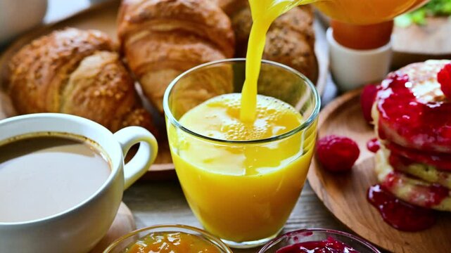 Filling up glass with orange juice on table with breakfast
