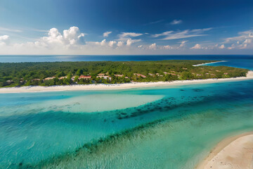 Obraz premium Aerial top view of sea beach with beautiful turquoise wave color and sand with little white wave in travel destination paradise relax peaceful nature landscape environment