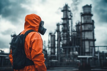 Man in Orange Jacket and Gas Mask
