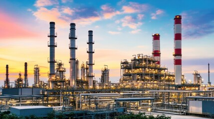 Obraz premium Illuminated Industrial Refinery Complex at Sunset