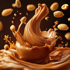 Creamy Peanut Butter Drizzles Flowing in a Brown Liquid Splash with Nuts