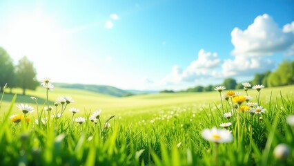 Hay fever, Clear sky vibrant grass fields with colorful wildflowers swaying