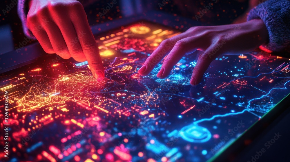 Poster Hands interact with a futuristic holographic display showing data