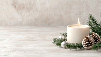 Festive candle, pine, ornaments, wood table. Holiday card background