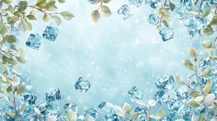 Aquamarine Watercolor Background with Crystal Ice Cubes and Green Leaves