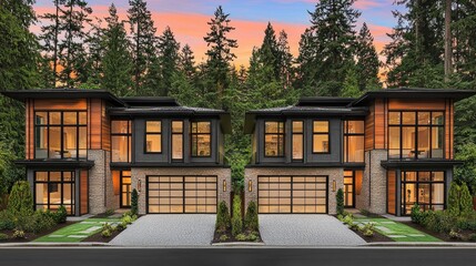 Modern townhouses showcase architectural design with lush greenery at sunset for real estate