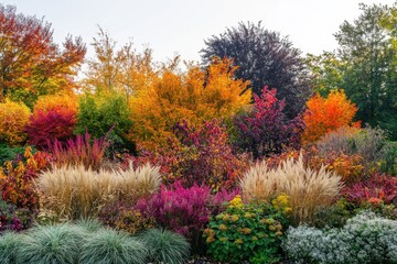 Vibrant autumn leaves captured in a serene garden setting with a bright sky backdrop, perfect for seasonal decor and nature-themed projects