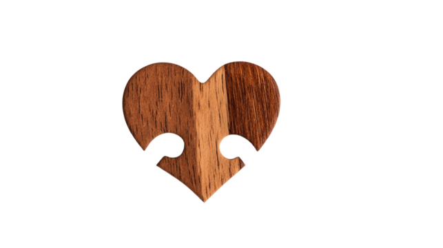 Decorative wooden heart cutout transparent background artistic design studio setting close-up view nature-inspired concept