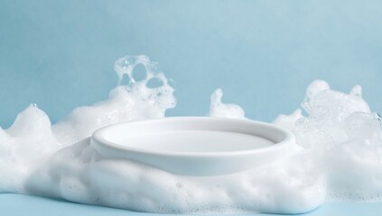 White foam pedestal display on light blue background