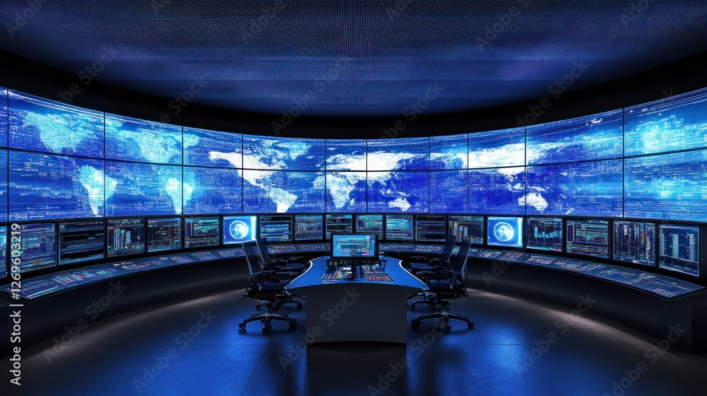 Poster Control room displays global map on multiple monitors