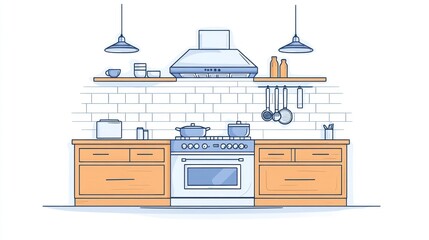 Modern kitchen design, gas stove, wood cabinets, white brick wall, cooking