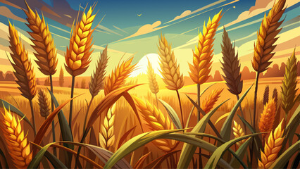 Close up view of golden wheat ears in a sunlit field during harvest season, showcasing nature's bounty. © ehsanollah