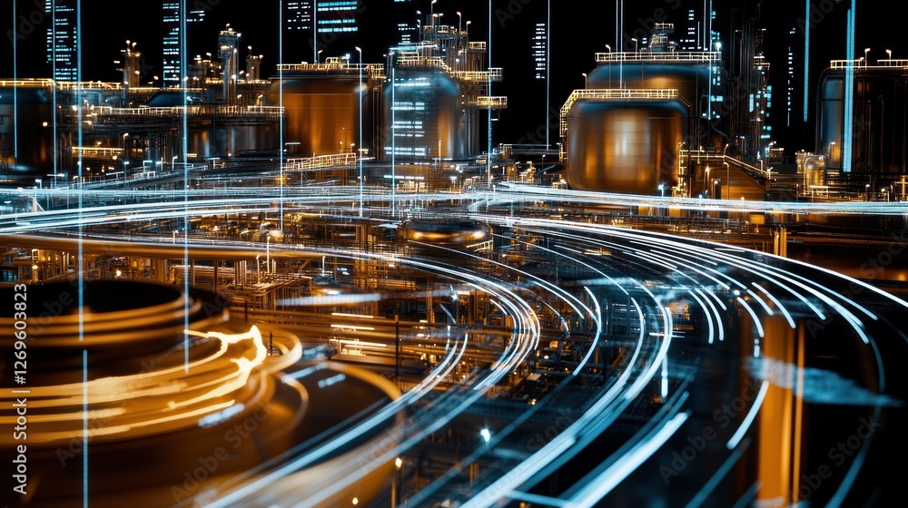 Poster Nighttime Industrial Complex Showing Data Streams and Flow