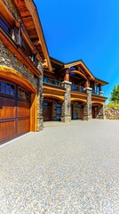 Fototapeta premium Beautiful log home with stone accents. Landscaping and blue sky. Real estate, architecture
