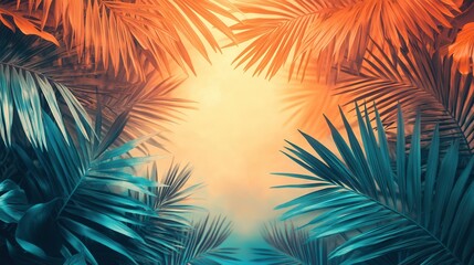 Geometric palm leaves in teal and orange tones create a vibrant surround with a beige central gradient for a fresh design