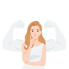Confident woman with a thoughtful expression, symbolizing inner strength with flexed muscular arms in the background.