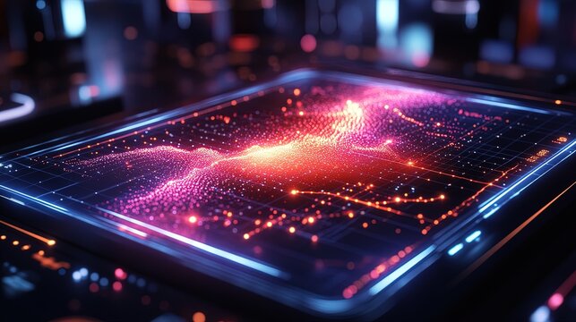 A holographic representation of a scatterplot chart glowing with trend data, precise and modern 