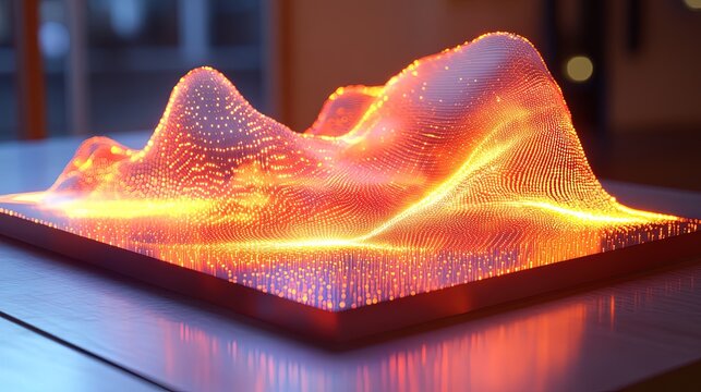A holographic representation of a scatterplot chart glowing with trend data, precise and modern 