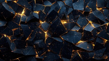 Dark Cracked Glass Surface with Sharp Edges and Golden Reflection Highlights