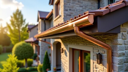 Home gutter system, Stone facade home with a sunlight-reflecting copper gutter system
