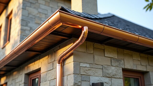 Home gutter system, Stone facade home with a sunlight-reflecting copper gutter system