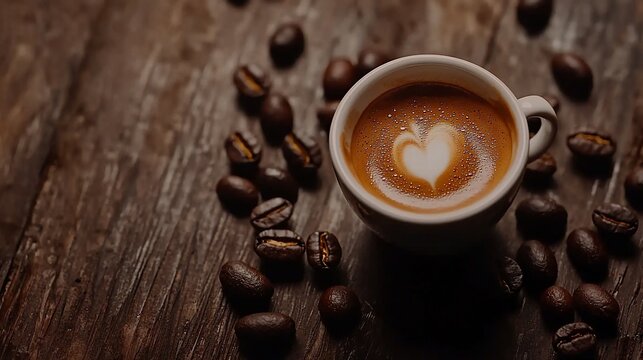 Heart latte art in espresso cup on wood, surrounded by coffee beans.