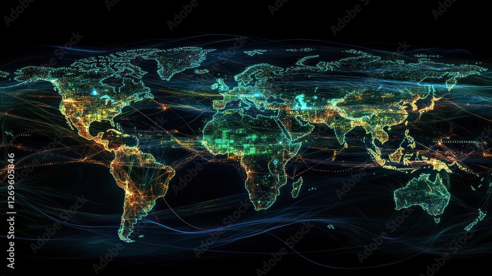 Poster abstract world map with glowing connections over a black background