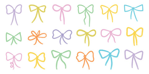 Coquette crayon bow set. Color chalk brush ribbons. Hand drawn lines bowknots for girly, birthday, gift, wedding. Cute elegant Isolated vector illustration.