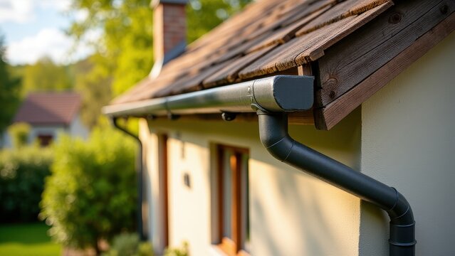 Home gutter system, Sunny cottage with a classic wooden gutter very rustic look