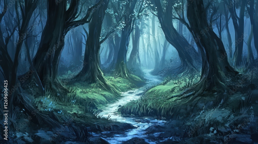 Poster a tranquil stream flows through a dark enchanted forest