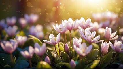 Fototapeta premium pink spring flowers in the garden against sunny bokeh background, copy space