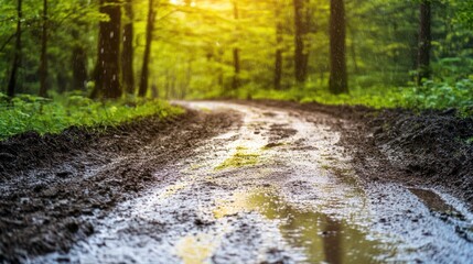 Rainy Forest Path Mud Puddles Scenic View