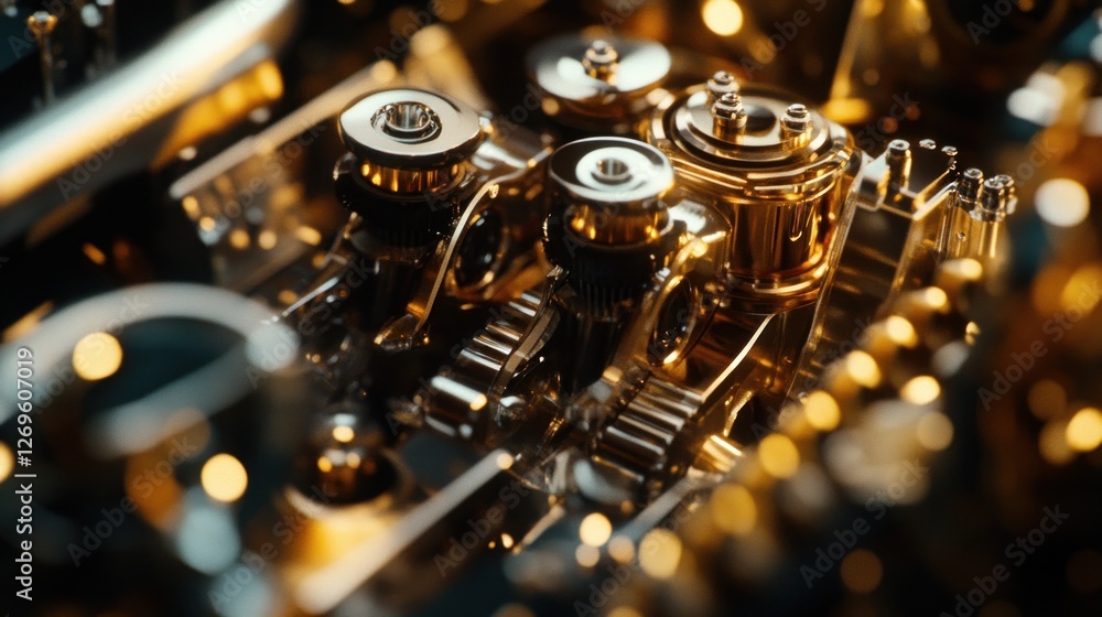 Poster intricate gold engine components close up view