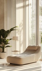 Sunlit beige chaise lounge in modern minimalist interior with plant and curtains.