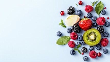 Colorful assorted berries and kiwi, overhead flat lay, light blue background, healthy food, nutrition