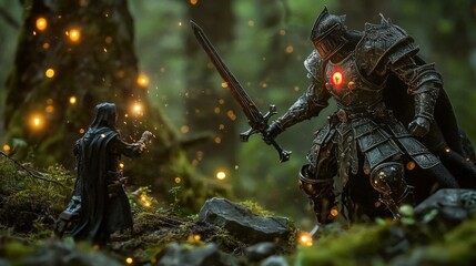 Dark Knight Battles Forest Sorcerer Under Glowing Lights
