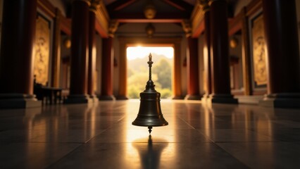 the sound of a ceremonial bell echoes during Buddhist ceremonies, marking a sacred ritual of consecration in a temple