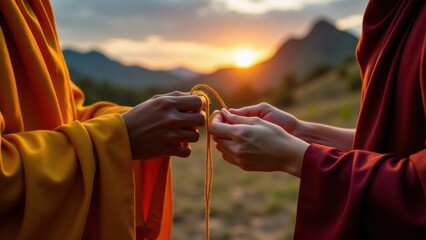a monk ties a blessed thread around a devotee's wrist, symbolizing Buddhist rituals and the ritual of consecration (blessing)