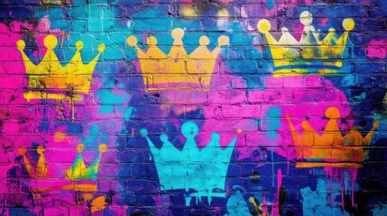 Fototapeta premium Urban Graffiti Art with Neon Crowns and Symbols, Vibrant Wall Texture, Modern Cityscape, Street Art Viewpoint