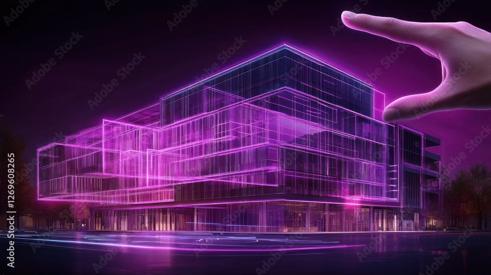 Poster Abstract building design with hand gesture in futuristic style